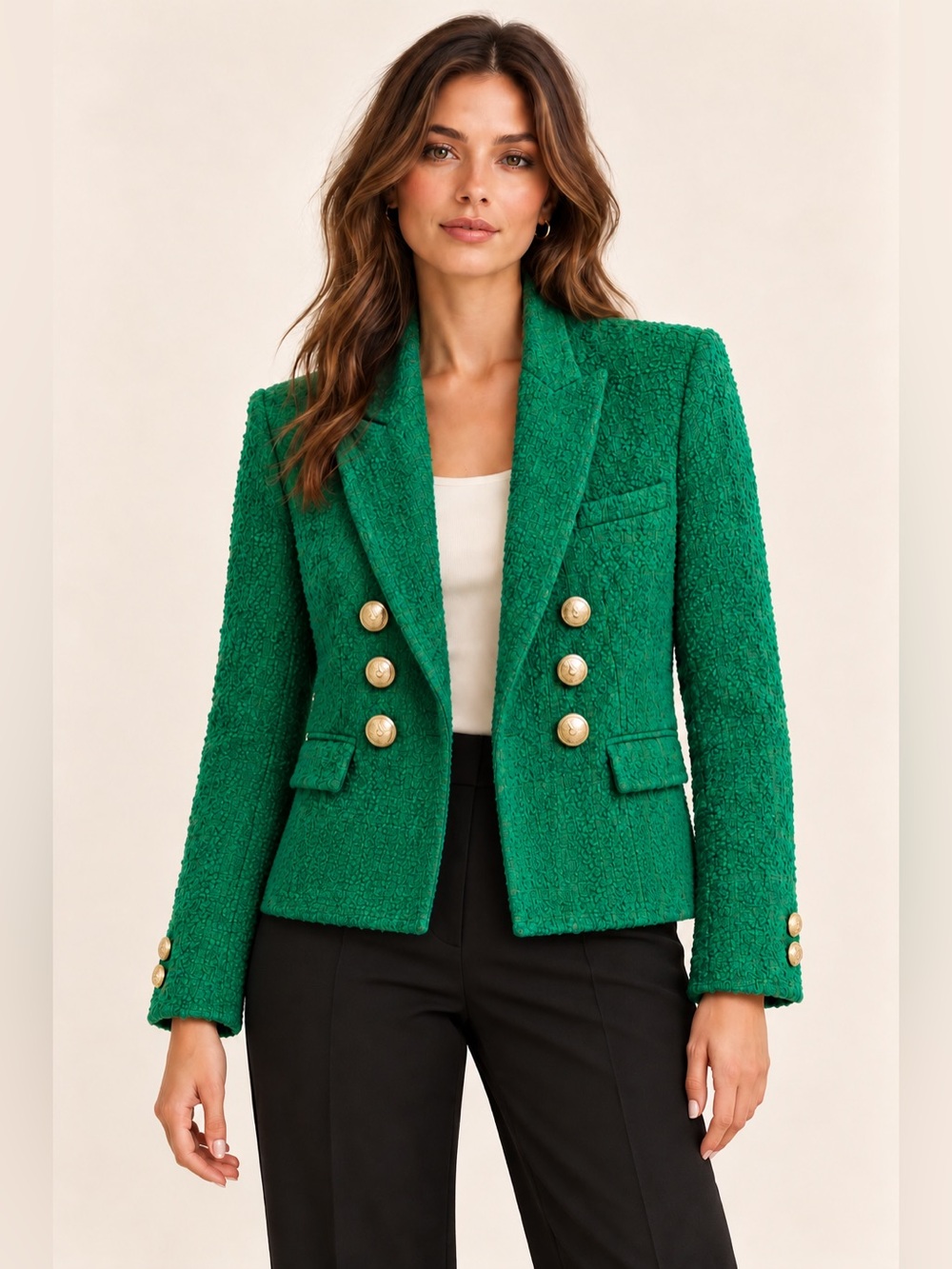 Zara Green Tweed Boucle Cropped Blazer M Double Breasted Gold Buttons.